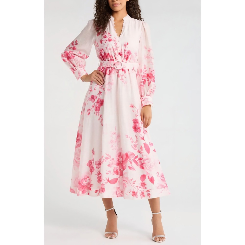Evernew Rosalyn Floral Long Sleeve Belted Dress US 8 $209 NWT